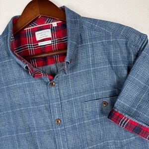 7 Diamonds Mens XL Blue Textured Short Sleeve Button Down Shirt Plaid Trim